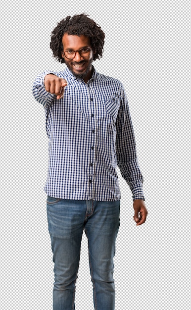 PSD handsome business african american man cheerful and smiling pointing to the front