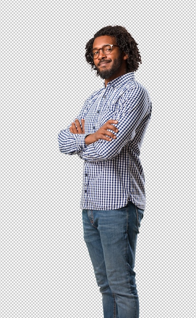 Handsome business african american man crossing his arms, smiling and happy