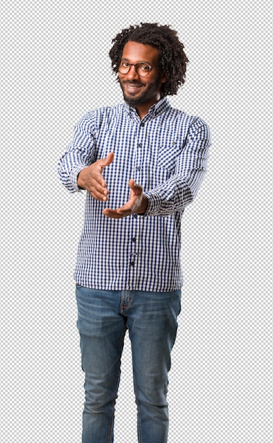 Handsome business african american man reaching out to greet someone or gesturing to help, happy and excited