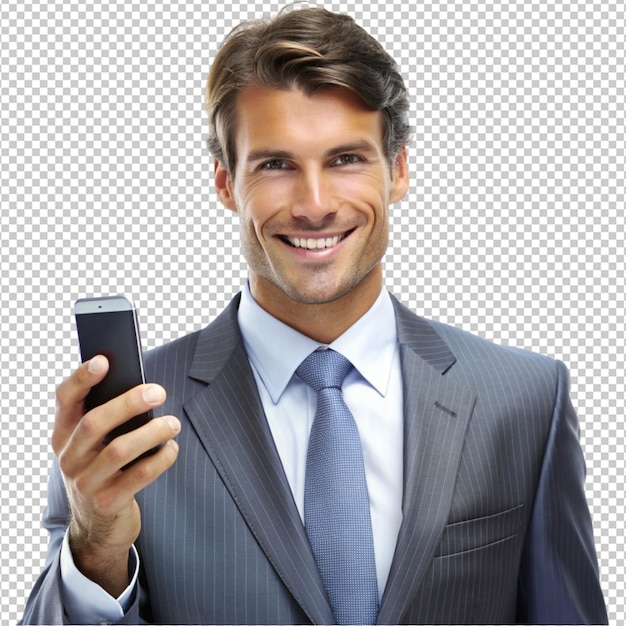 PSD handsome business guy with mobile phone on transparent background