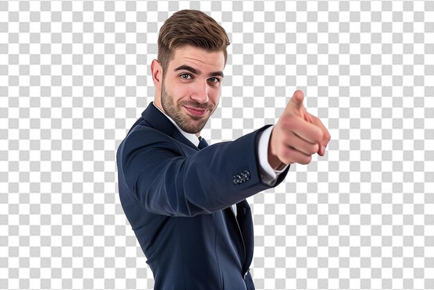 Handsome businessman pointing at camera praising employee on white isolated background