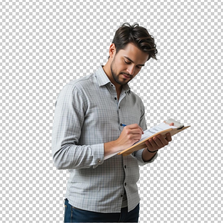 PSD handsome businessman writing on clipboard isolated
