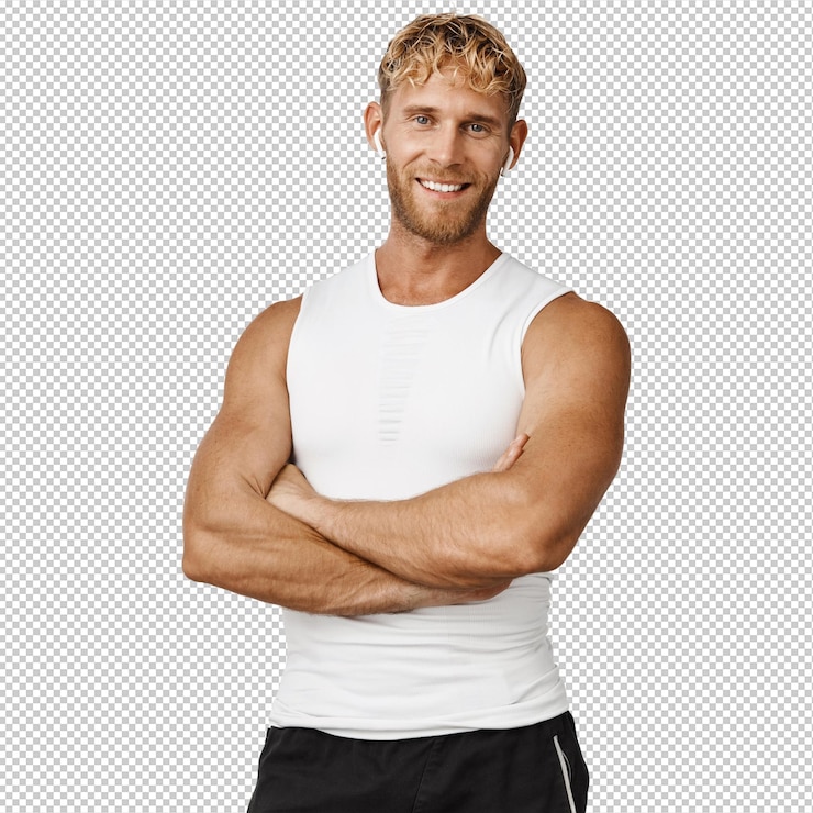 PSD handsome male fitness instructor cross arms and smiling confident workout in gym standing over white background