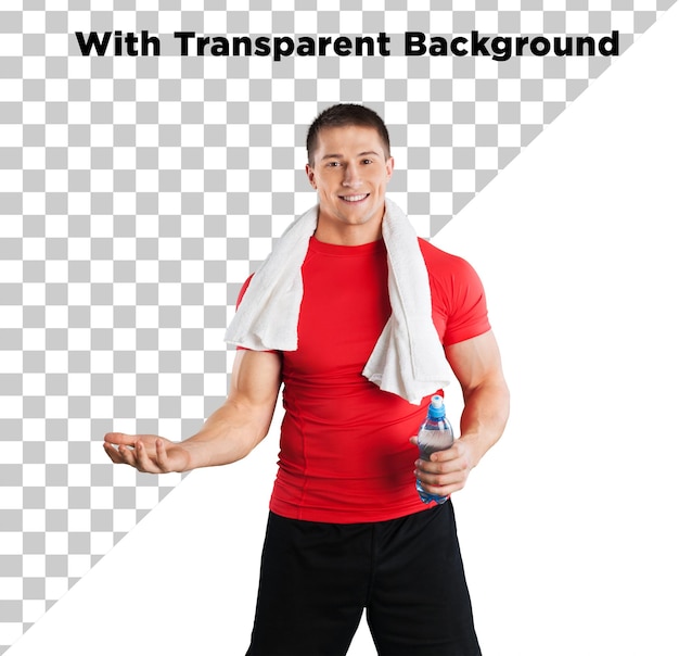肩にタオルをかぶったハンサムな男性フィットネストレーナー PNG PSD 透明な背景に隔離