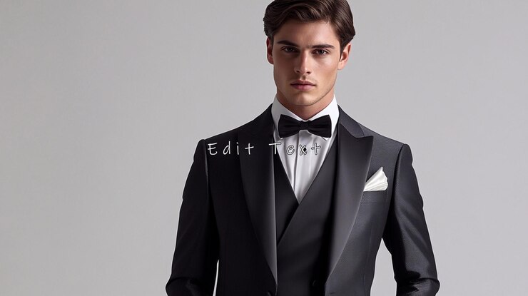 PSD handsome man in black tuxedo bow tie and pocket square