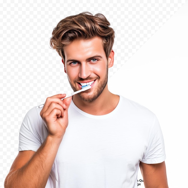 PSD handsome man brushing his teeth isolated on white