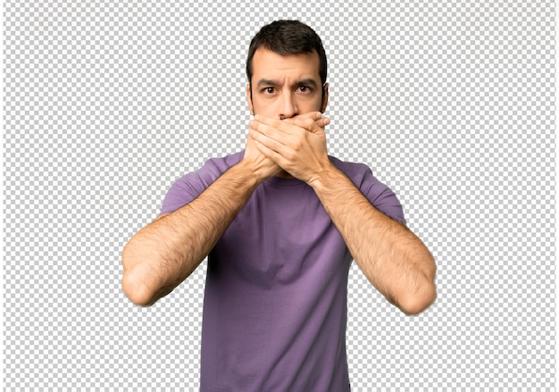 PSD handsome man covering mouth with hands for saying something inappropriate