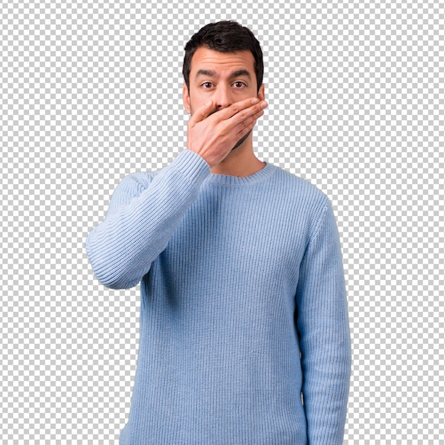 PSD handsome man covering mouth with hands