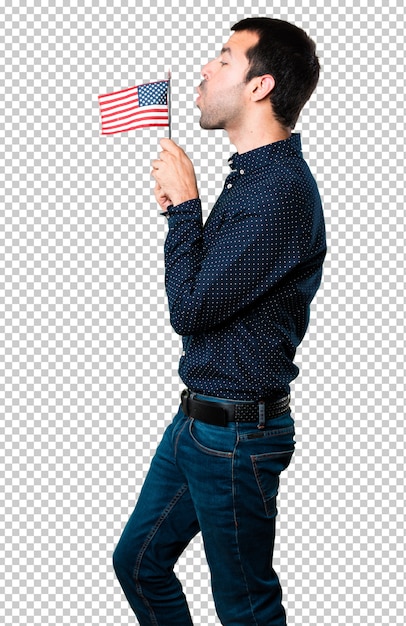 PSD アメリカの旗を持っているハンサムな男