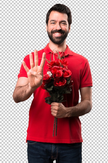 Handsome man holding flowers counting four