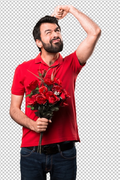 PSD handsome man holding flowers having doubts