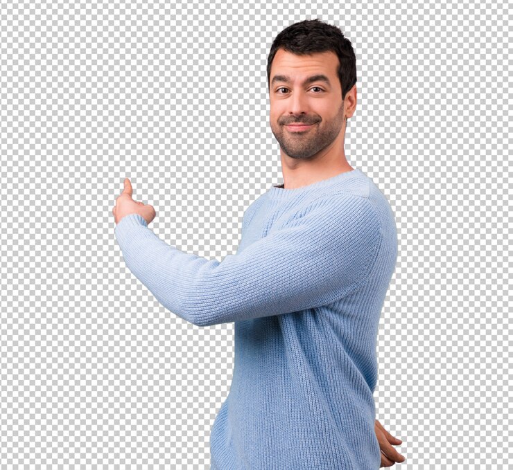 PSD handsome man pointing back with the index finger