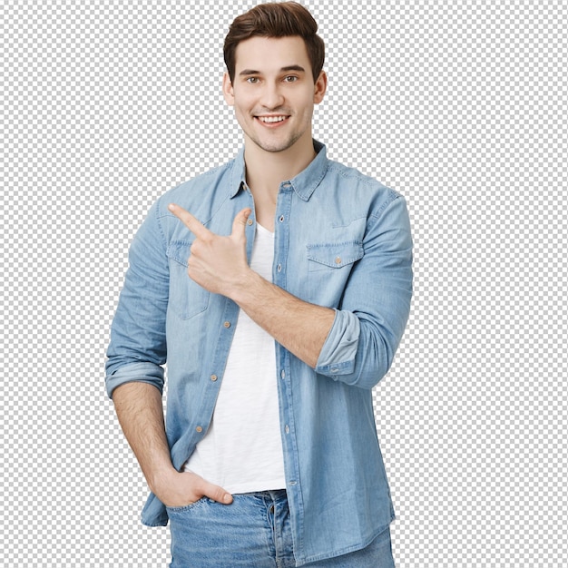 Handsome man pointing left and smiling