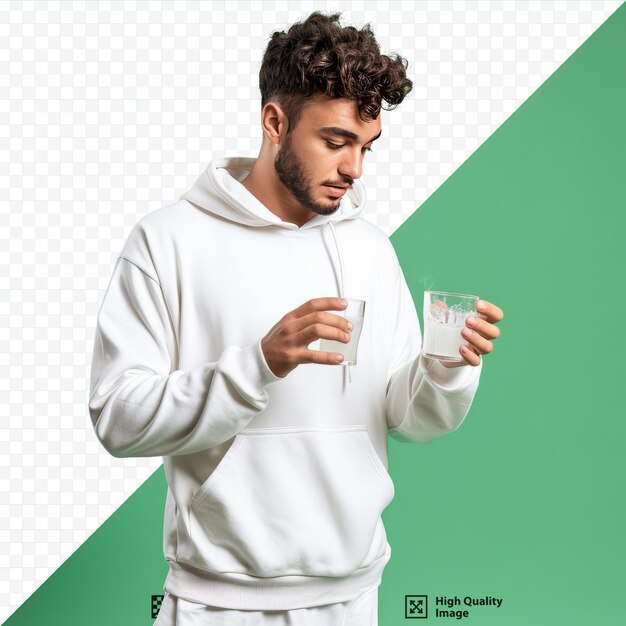 A handsome man stands on a green isolated background in a white hoodie holding a glass in his hand and reaches out to him with his face inhaling the aroma of the drink horizontal studio photogr