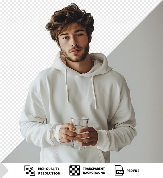 PSD a handsome man stands in a white hoodie holding a glass in his hand and reaches out to him with his face inhaling the aroma of the drink horizontal studio photogr