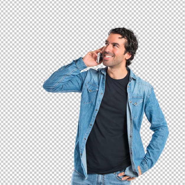 PSD handsome man talking to mobile over white background