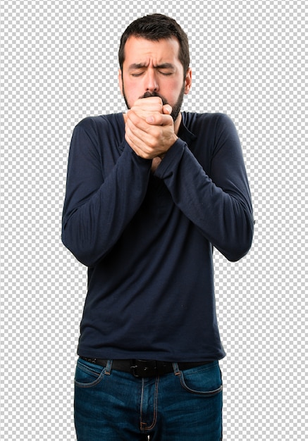 Handsome man with beard coughing a lot