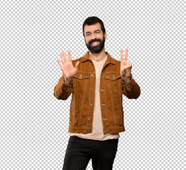 PSD handsome man with beard counting seven with fingers