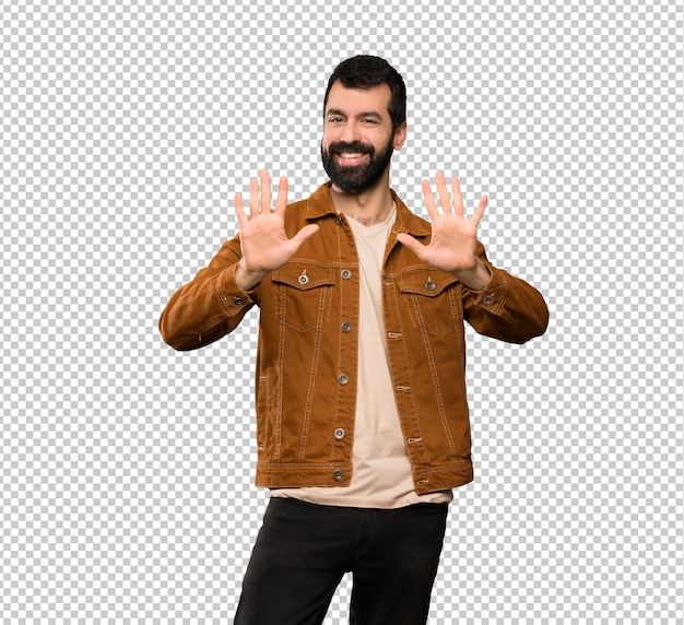PSD handsome man with beard counting ten with fingers