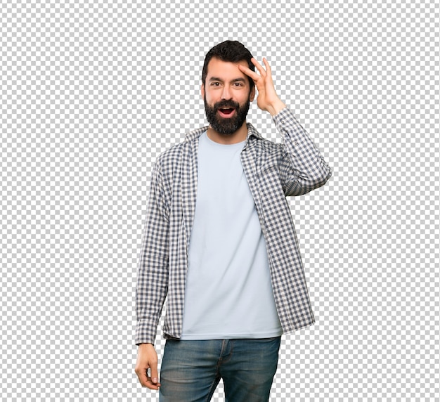 handsome man with beard has just realized something and has intending the solution
