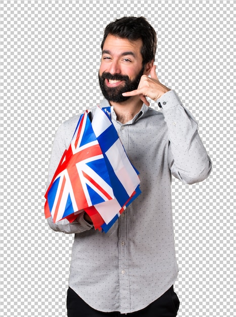 PSD handsome man with beard holding many flags and making phone gesture