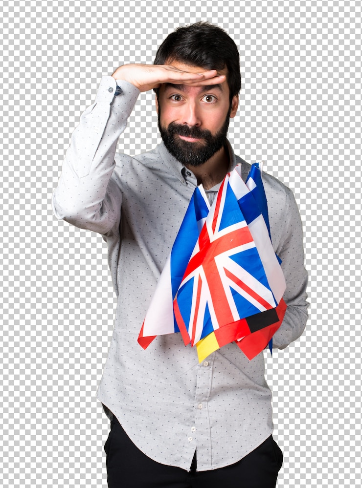 PSD handsome man with beard holding many flags and showing something