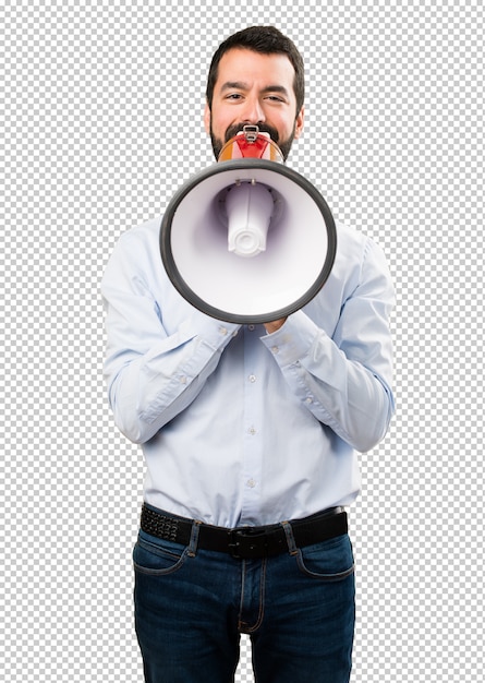 Handsome man with beard holding a megaphone