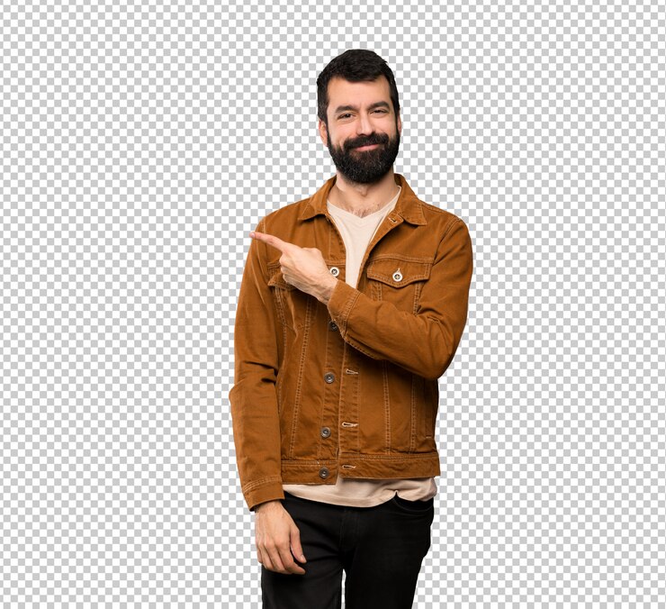 PSD handsome man with beard pointing to the side to present a product