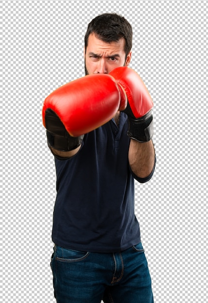 Handsome man with beard with boxing gloves