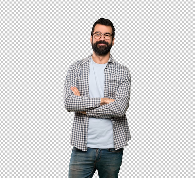 PSD handsome man with beard with glasses and happy