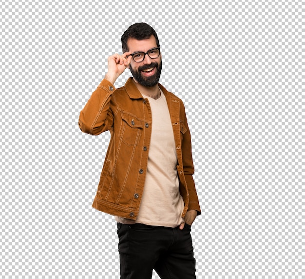PSD handsome man with beard with glasses and smiling