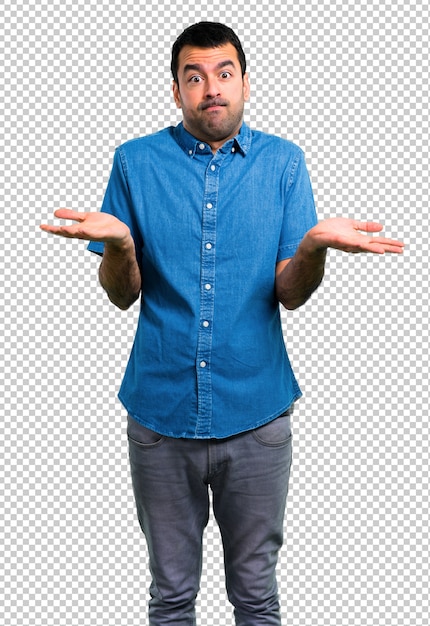 PSD handsome man with blue shirt having doubts and with confuse face expression