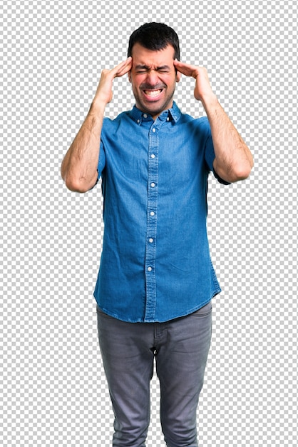 PSD handsome man with blue shirt unhappy and frustrated with something. negative facial expression