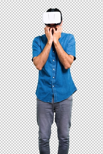 Handsome man with blue shirt using vr glasses
