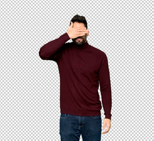 PSD handsome man with glasses covering eyes by hands. do not want to see something