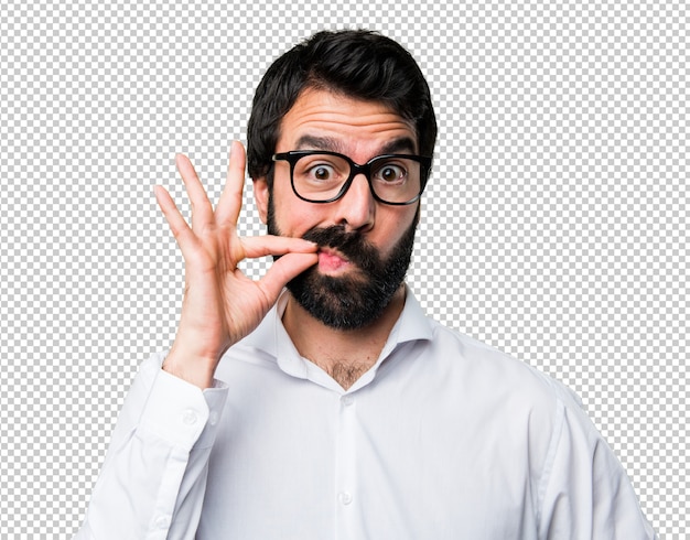 PSD handsome man with glasses making silence gesture