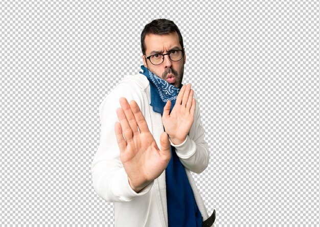 PSD handsome man with glasses making stop gesture with both hands