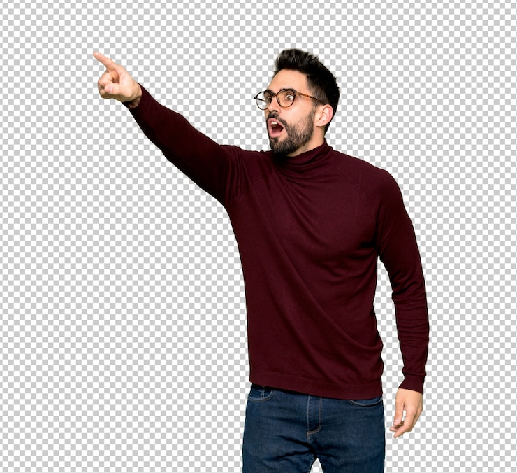 PSD handsome man with glasses pointing away