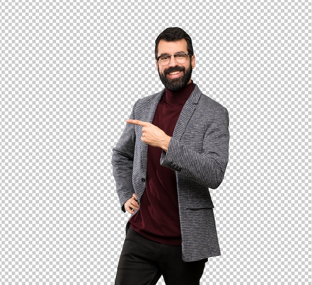 PSD handsome man with glasses pointing to the side to present a product