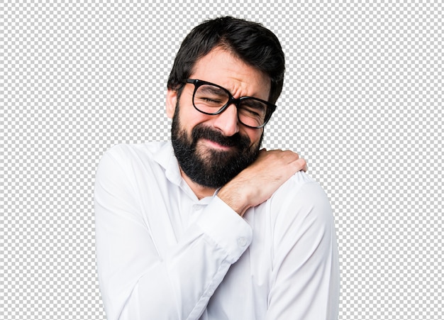 PSD handsome man with glasses with shoulder pain