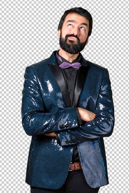 PSD handsome man with sequin jacket having doubts