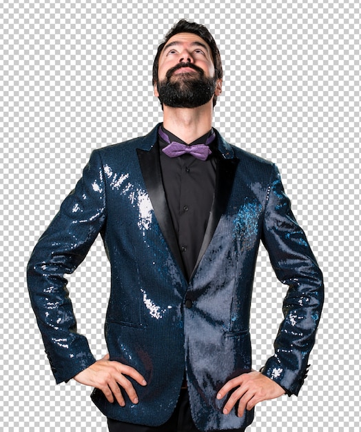 PSD handsome man with sequin jacket looking up