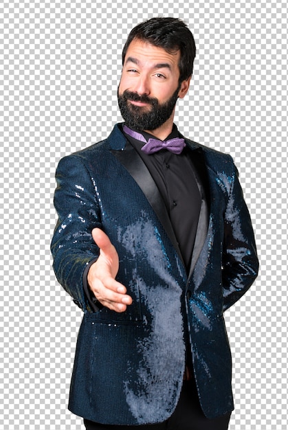 Handsome man with sequin jacket making a deal