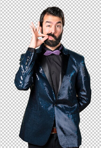 PSD handsome man with sequin jacket making silence gesture