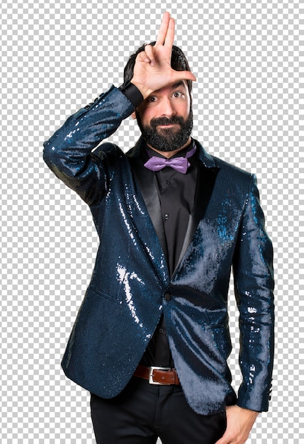 PSD handsome man with sequin jacket making stupid sign