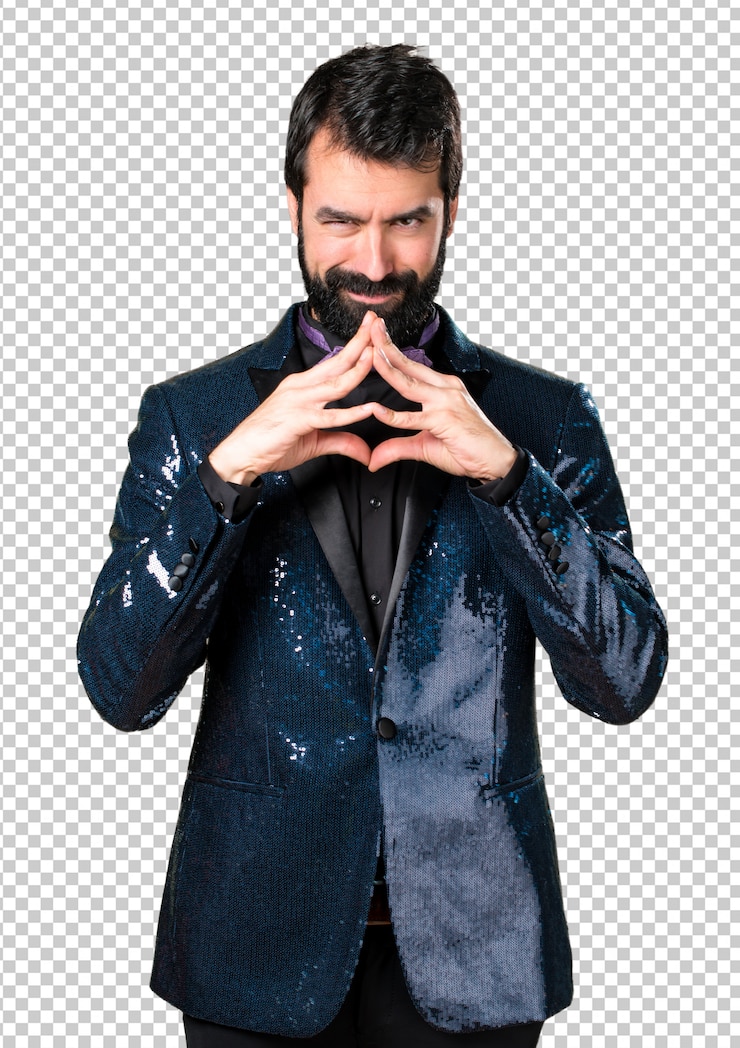 PSD handsome man with sequin jacket thinking