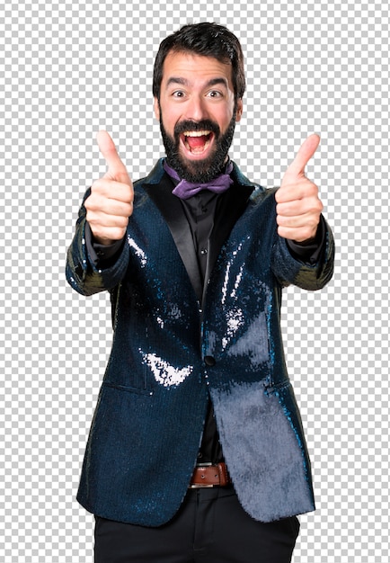 Handsome man with sequin jacket with thumb up