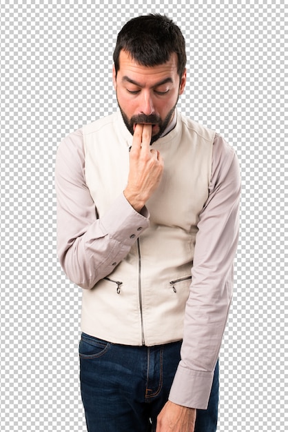 PSD handsome man with vest making vomiting gesture