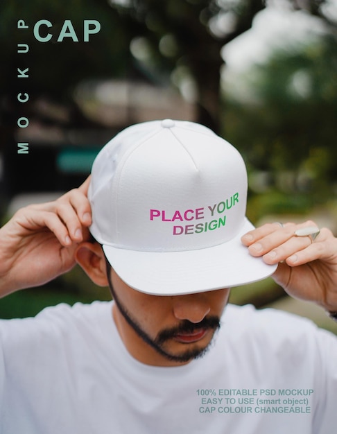 A Handsome Stylish Man Wearing a White Cap Editable PSD Mockup Template Design Premium Quality