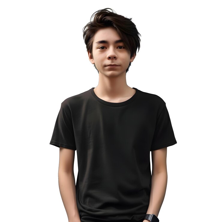 PSD ⁇  배경 에 고립 된 검은 티셔츠 를 입은 예쁜 젊은 아시아인